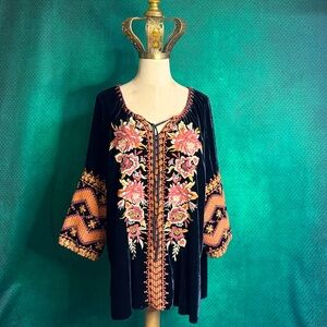 Johnny Was peasant style velvet embroidered tunic